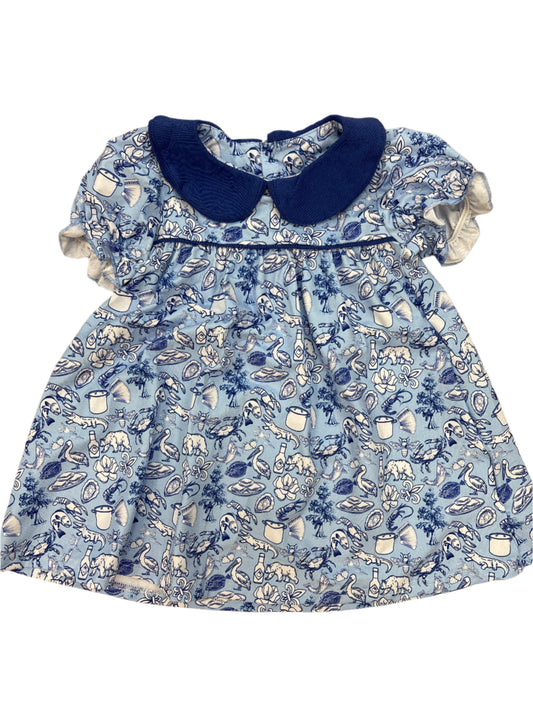 cajun toile new orleans Louisiana girl dress blue white pelican alligator swamp shrimp crab 