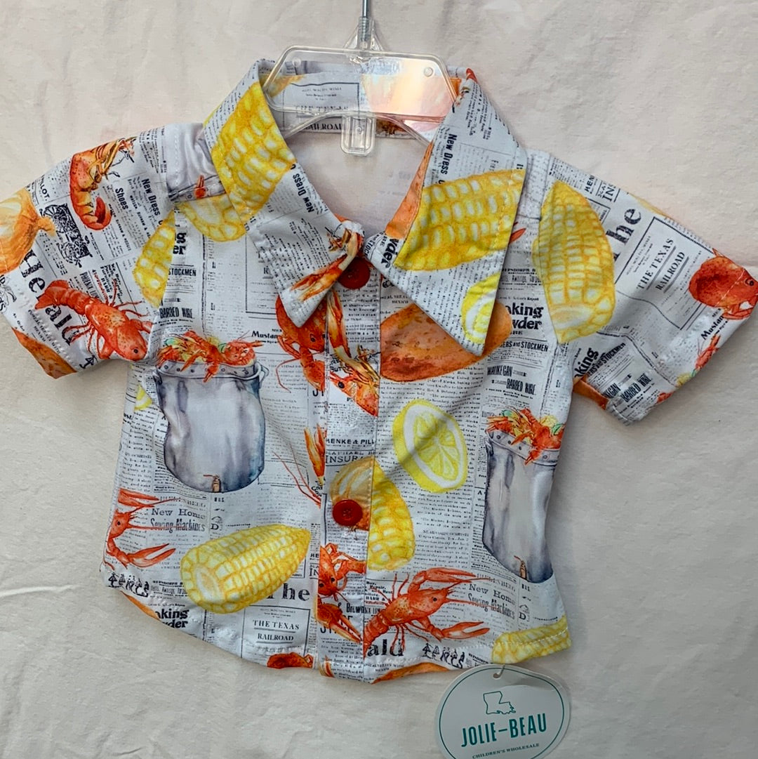 Crawfish Newspaper Button Down Kids Shirt (Plain Sleeve)