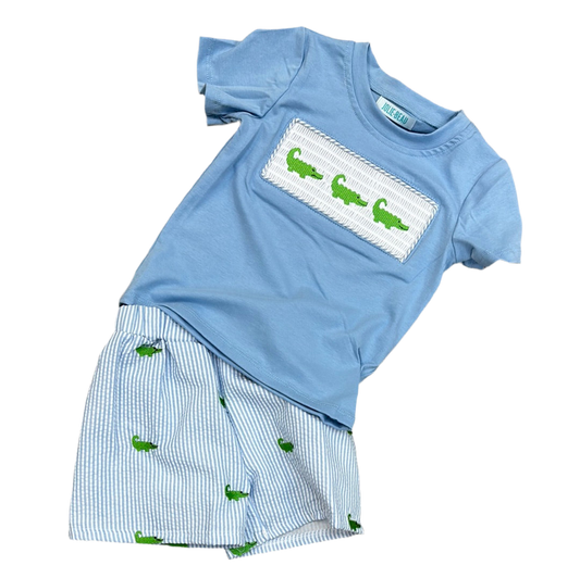 Smocked Seersucker Embroidered Gator Shorts Set