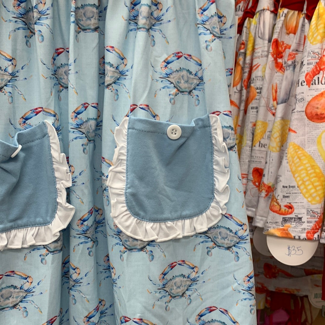 Blue Linen Crab Dress for Girls white top