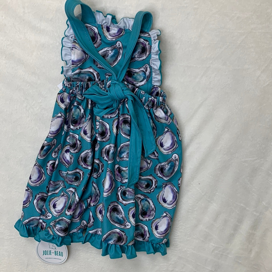 Oyster Apron Style Girl's Dress with Teal Background