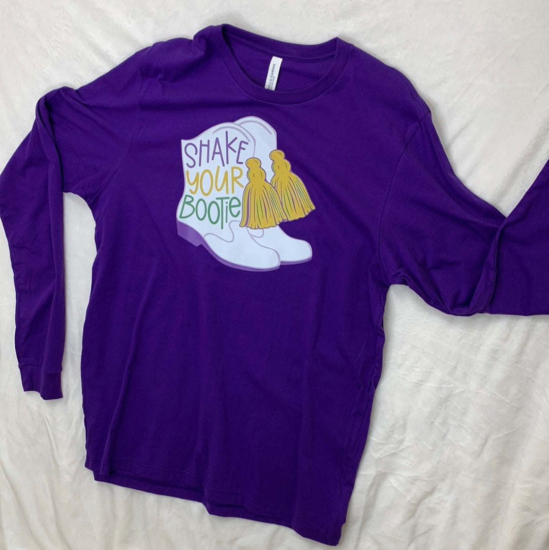 Shake your bootie Mardi Gras boots, long sleeve T-shirt