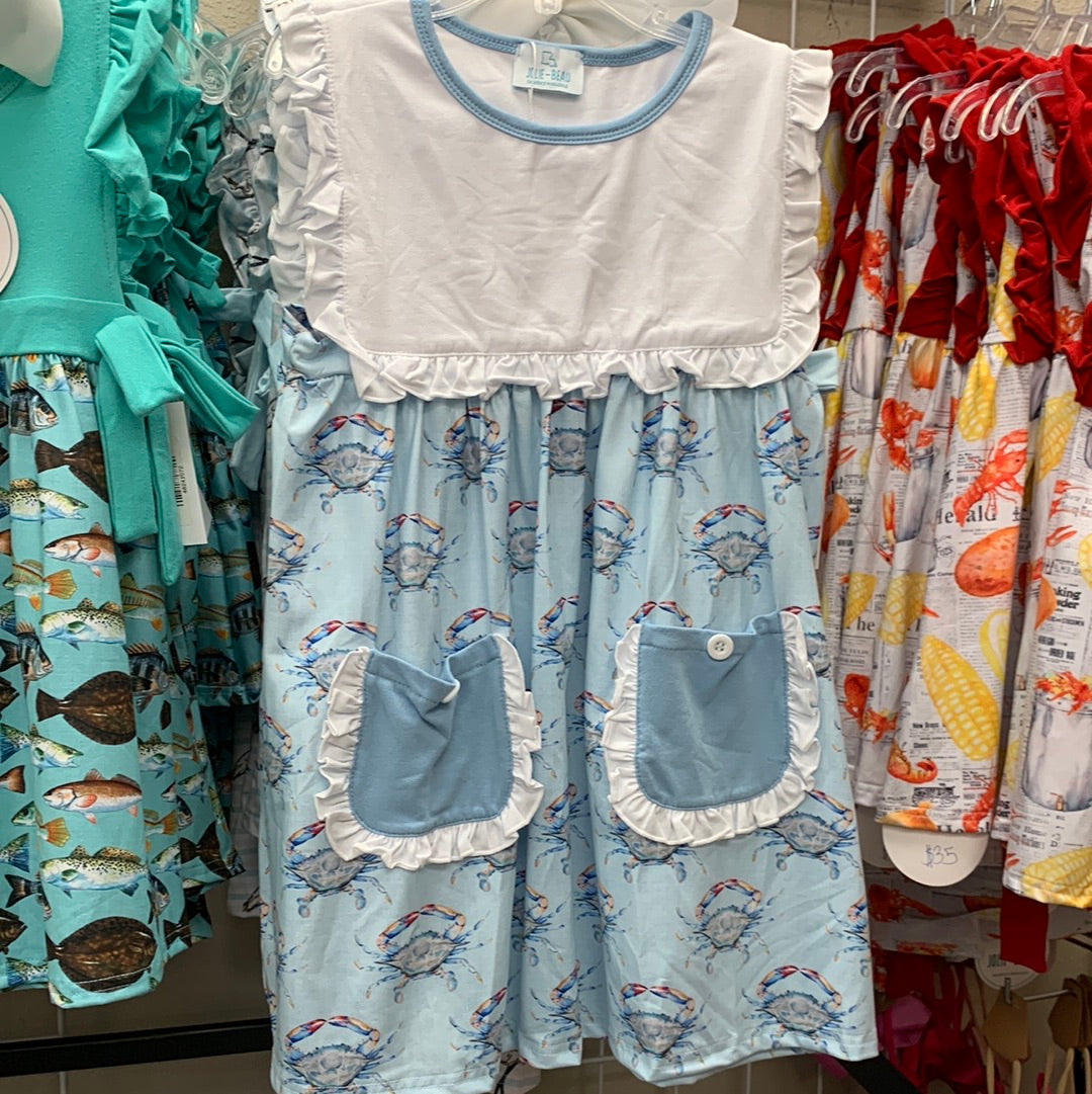 Blue Linen Crab Dress for Girls white top