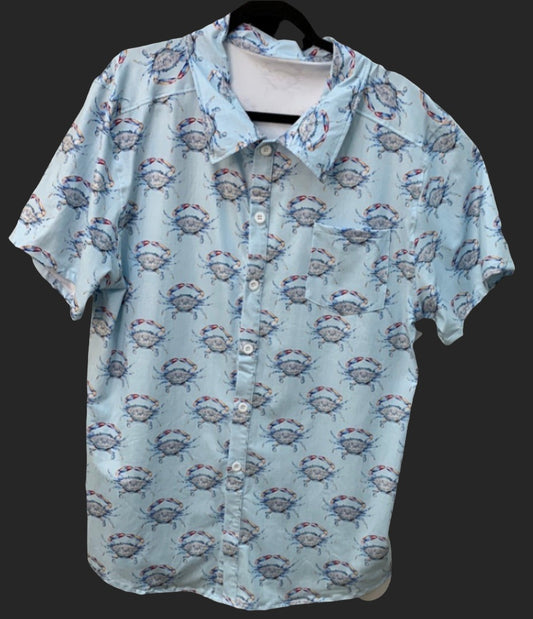 Blue Linen Crab Print Mens Shirt