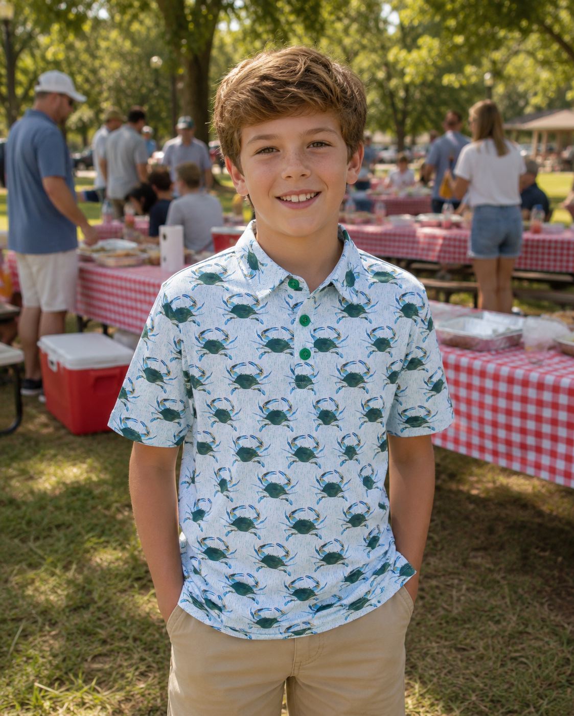 Green crab seafood Gulf Coast, Louisiana, Mississippi, Alabama, Florida, Georgia boutique boys polo shirt