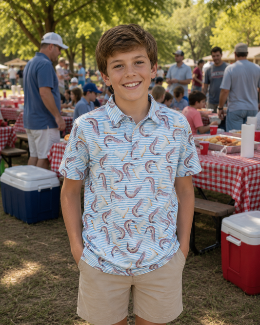 Shrimp boots shrimp seafood boil, New Orleans, LOUISIANA, boutique boys polo shirt, Gulf Coast