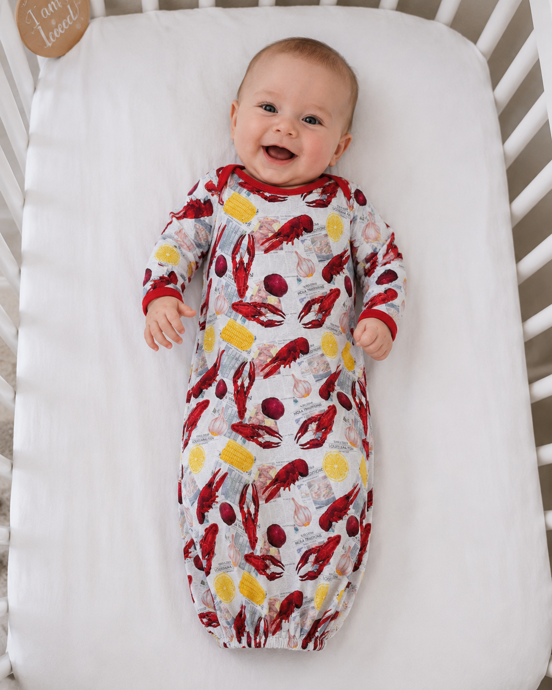Baby gown crawfish LOUISIANA seafood boil Gulf Coast, New Orleans, Louisiana, Alabama, Mississippi, Texas, Florida, Georgia, boutique clothing, baby gift