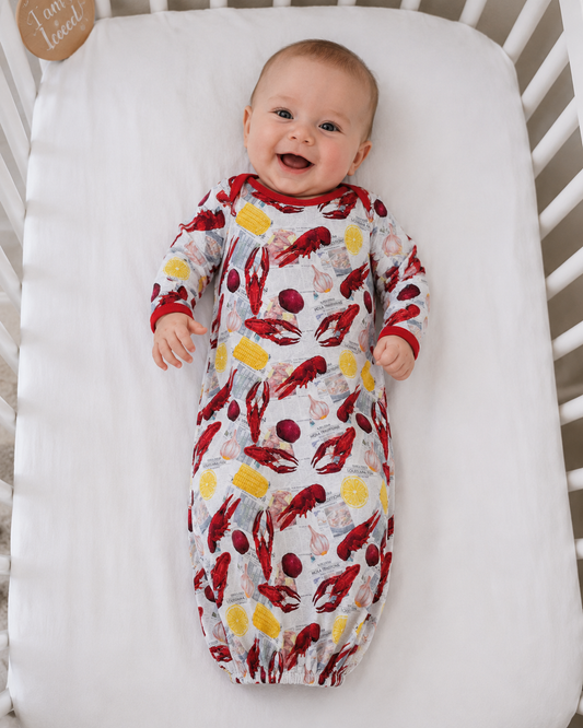 Baby gown crawfish LOUISIANA seafood boil Gulf Coast, New Orleans, Louisiana, Alabama, Mississippi, Texas, Florida, Georgia, boutique clothing, baby gift