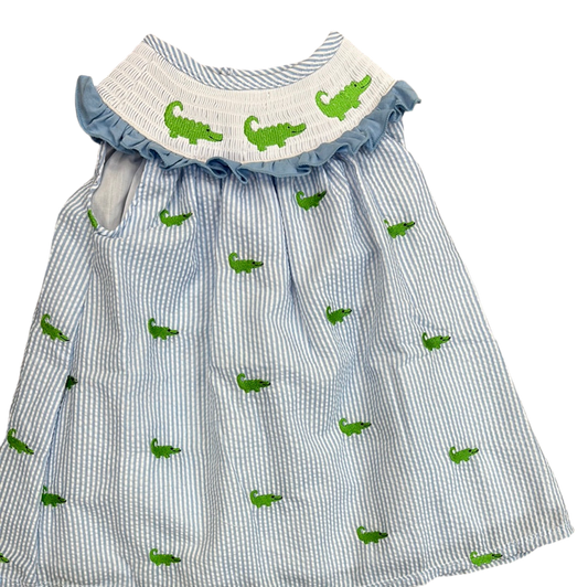 Smocked Seersucker Embroidered Gator Dress