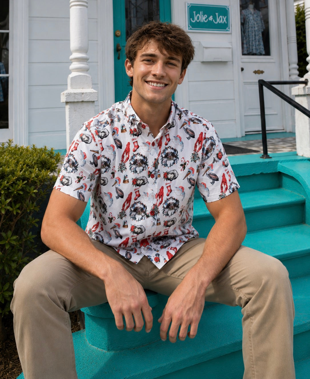 coastal christmas mens shirt crab, pelican, crawfish