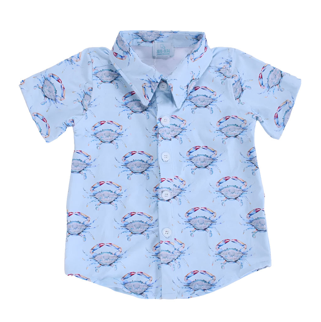 Blue Linen Crab Button Down Shirt Kids