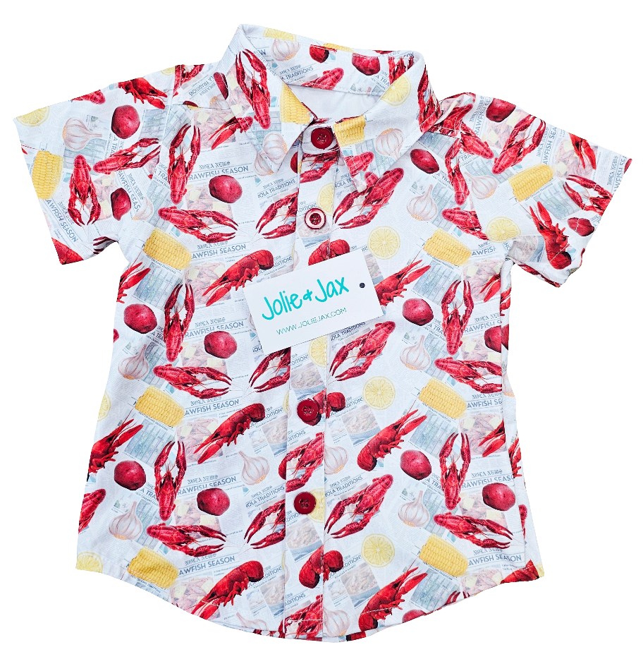 Newspaper, crawfish, corn, seafood, boil, New Orleans, Louisiana, Mandeville, children’s boutique, boys, button-down shirt, collared