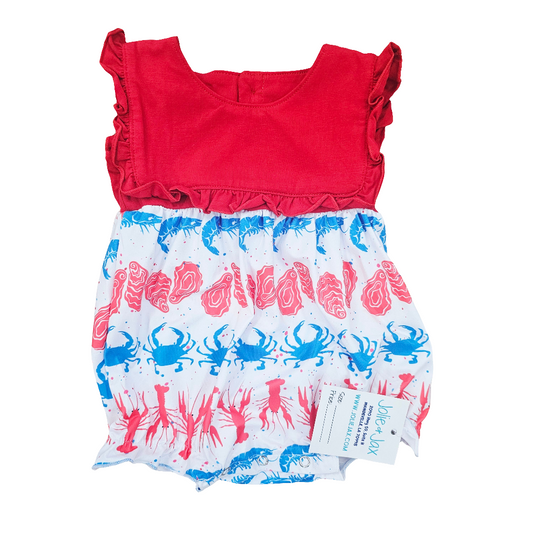 crawfish, shrimp, oyster, crab baby bubble outfit