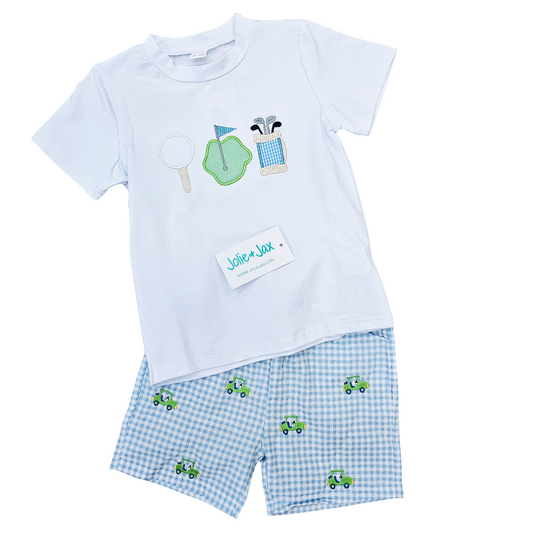 Golf appliqué boys short set ball caddy Green cart