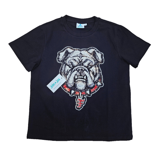 Bulldogs T-shirt, sequins Mandeville, Louisiana, black and red