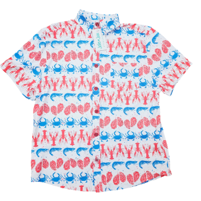 Seafood, patriotic, red, white and blue crawfish oysters, shrimp New Orleans, Louisiana men’s shirt July 4