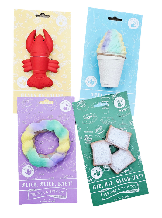Baby teething rings, snowball, beignet, crawfish king cake, New Orleans, Louisiana