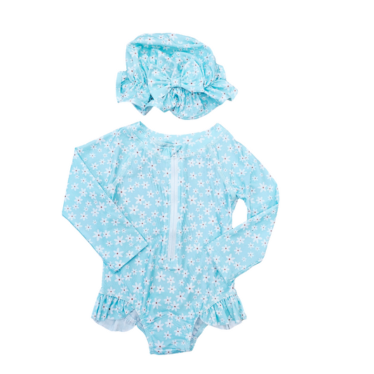 Daisy Zip Up Swim Suit with Bonnet