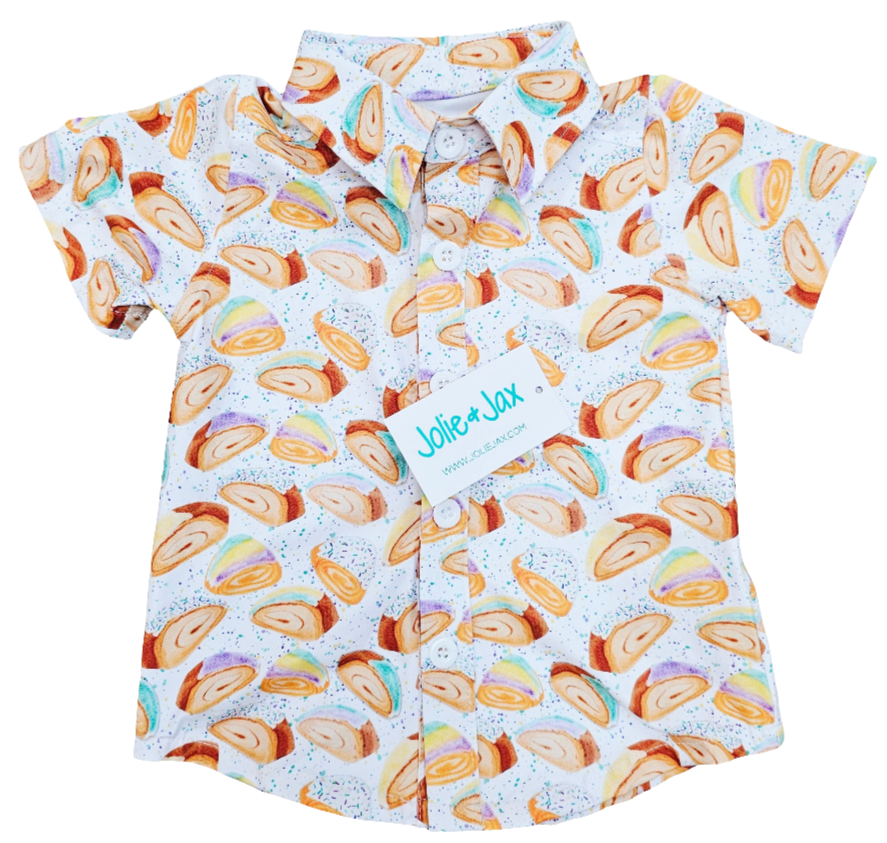 king cake boys shirt button down collared Mardi Gras Carnival 