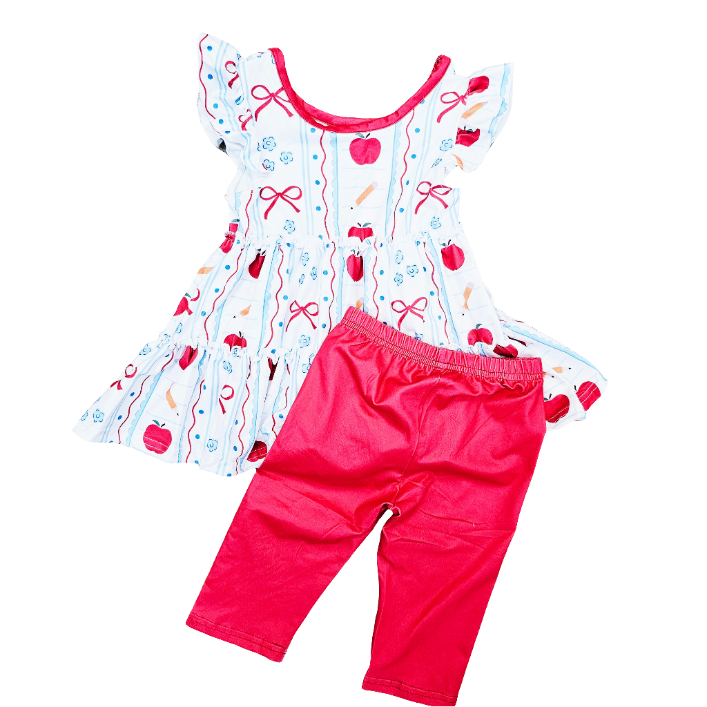 appples back to school outfit red shirt pants girls