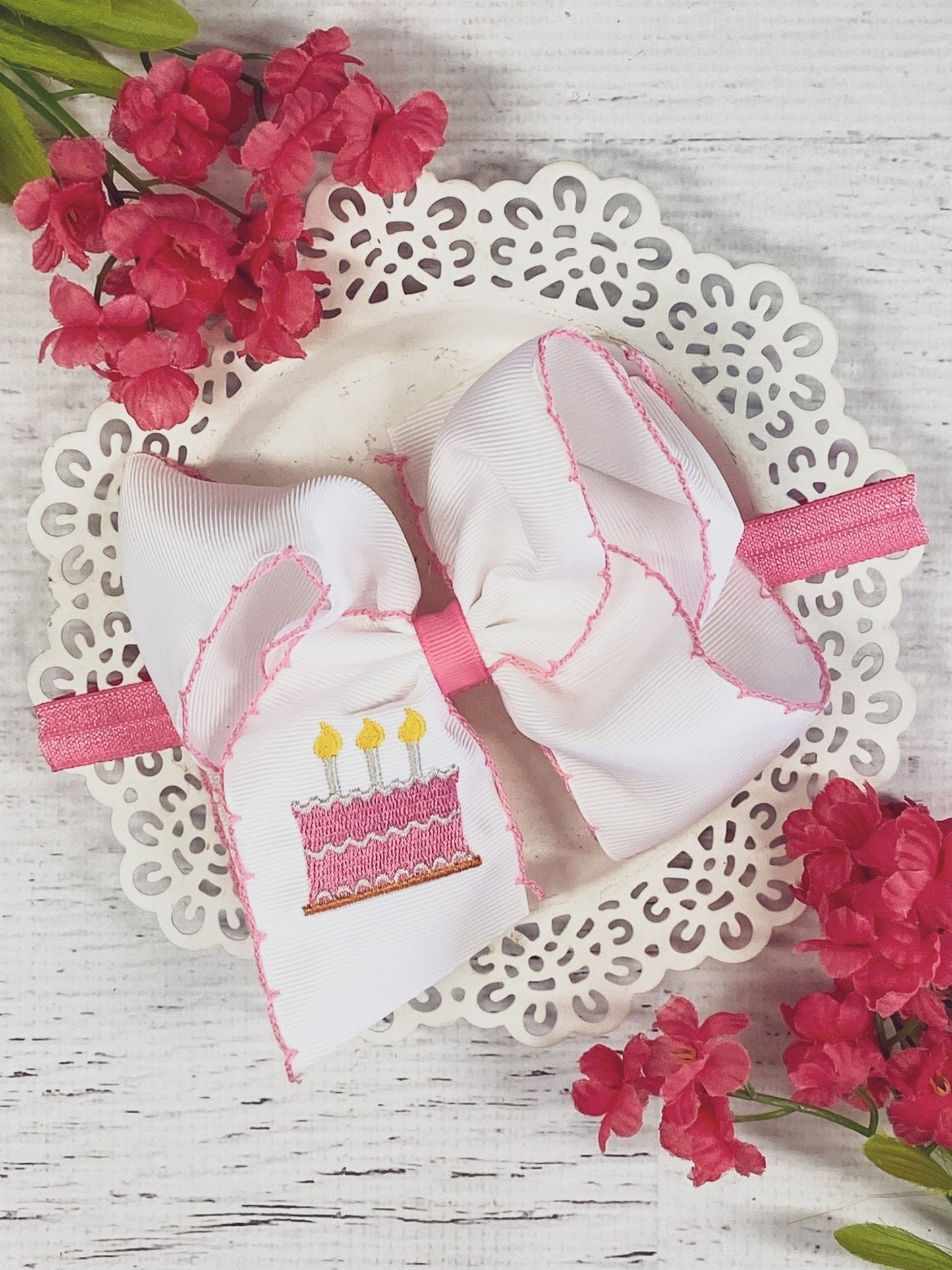 Birthday Cake Embroidered Moonstitch Hair Bow | Clip or Headband