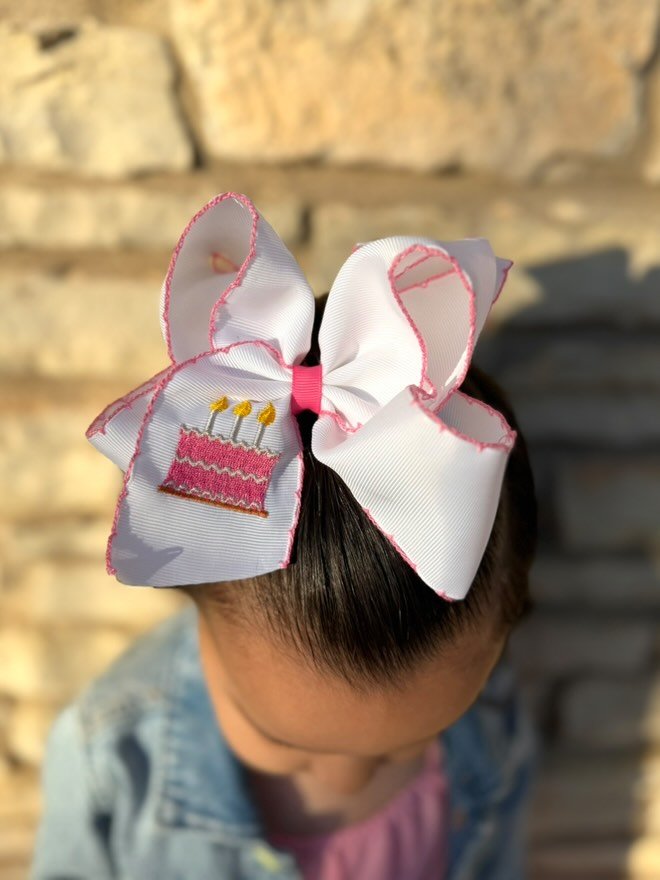 Birthday Cake Embroidered Moonstitch Hair Bow | Clip or Headband