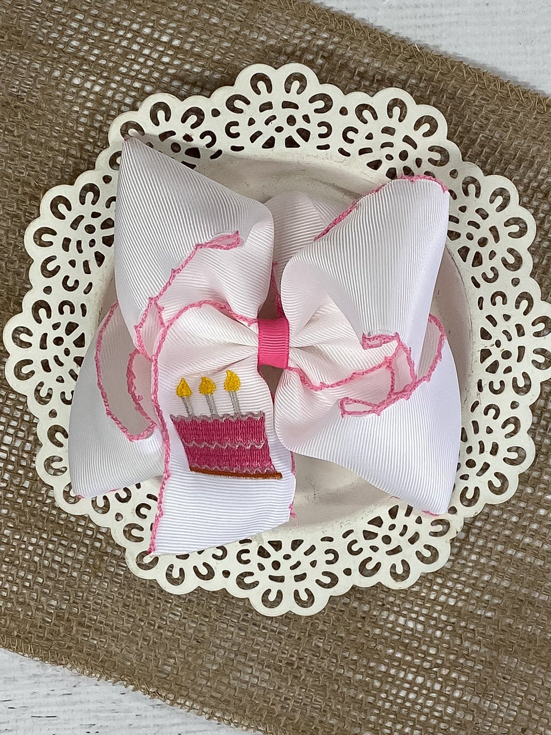 Birthday Cake Embroidered Moonstitch Hair Bow | Clip or Headband