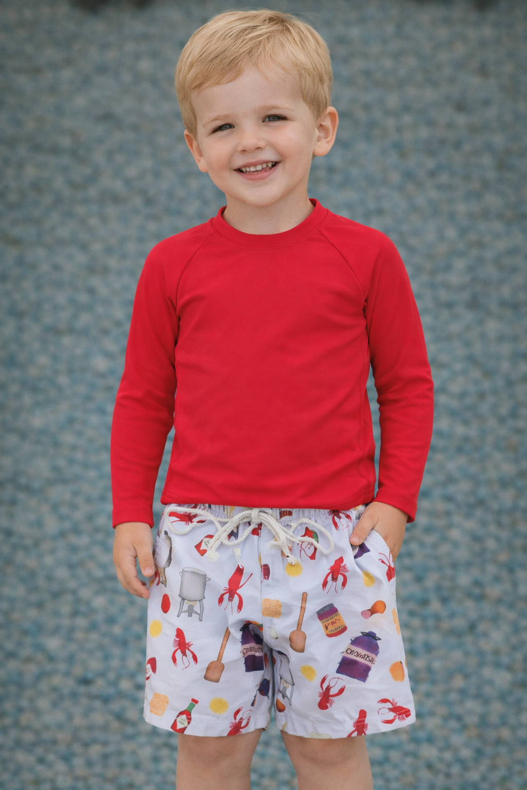 crawfish boys swim trunks and rasher shirt Louisiana
