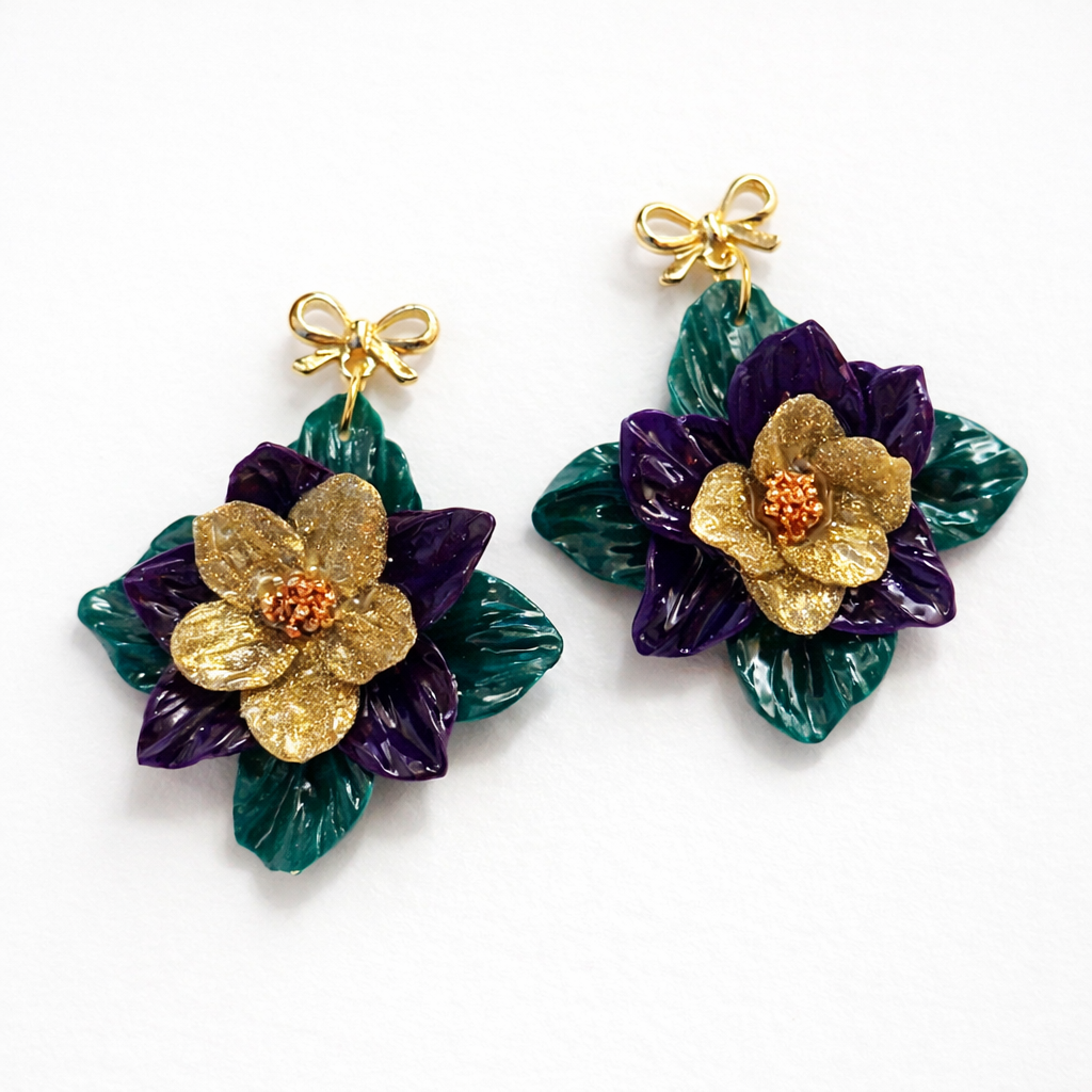 Handmade Clay Mardi Gras Flower Earrings