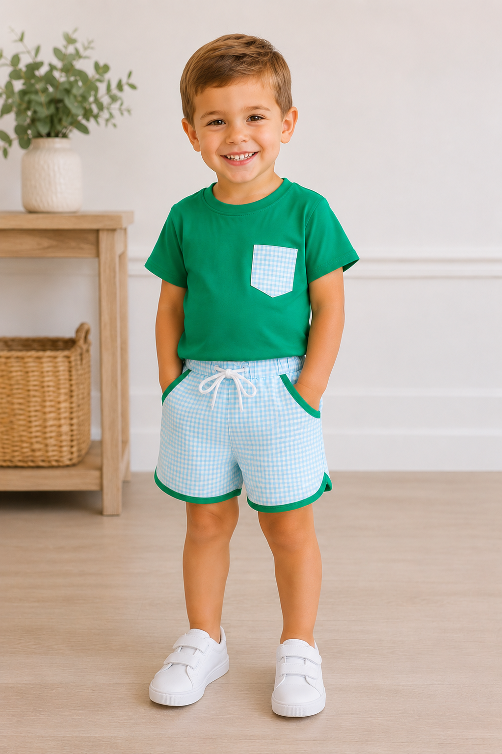 Green pocket grid shorts set
