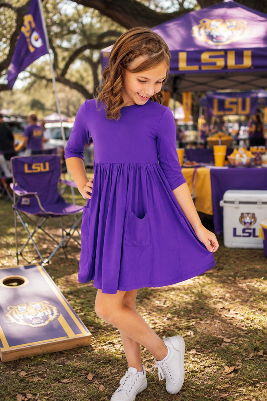 Purple 3/4 Sleeve Pocket Twirl Dress
