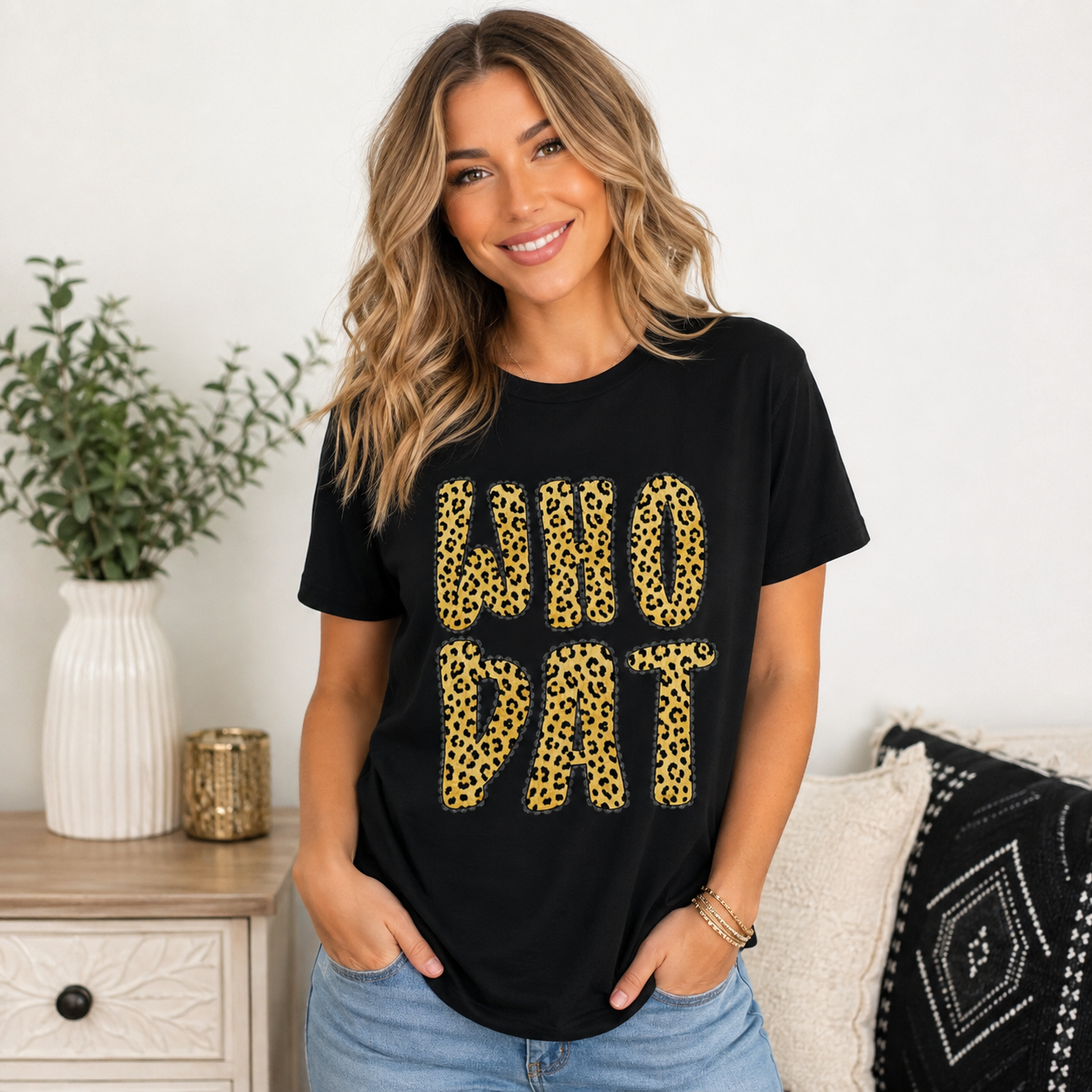 Who Dat Leopard Print T-Shirt — Retro Bold Graphic Tee for Fans & Streetwear