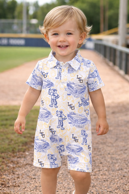 LSU kids romper outfit LOUISIANA State University baseball stadium
