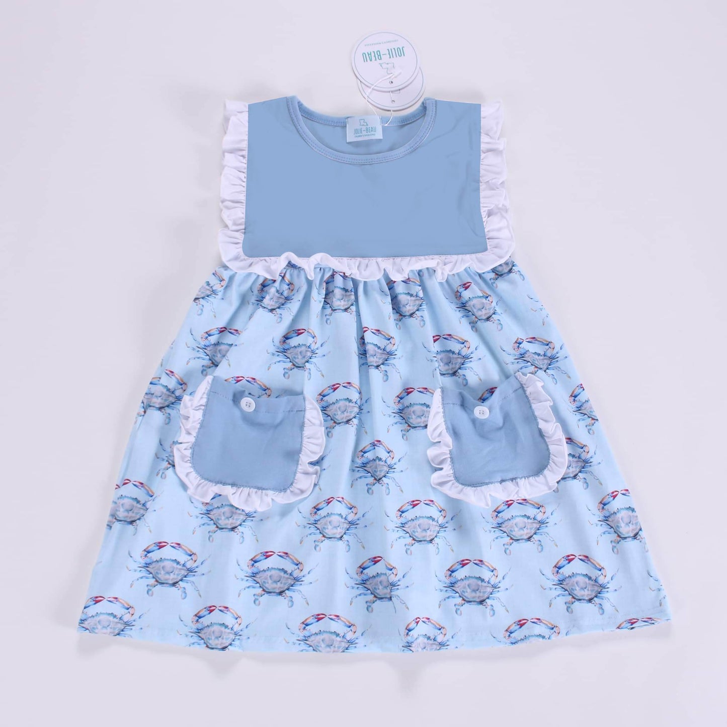 Blue Linen Crab Dress for Girls with Blue top
