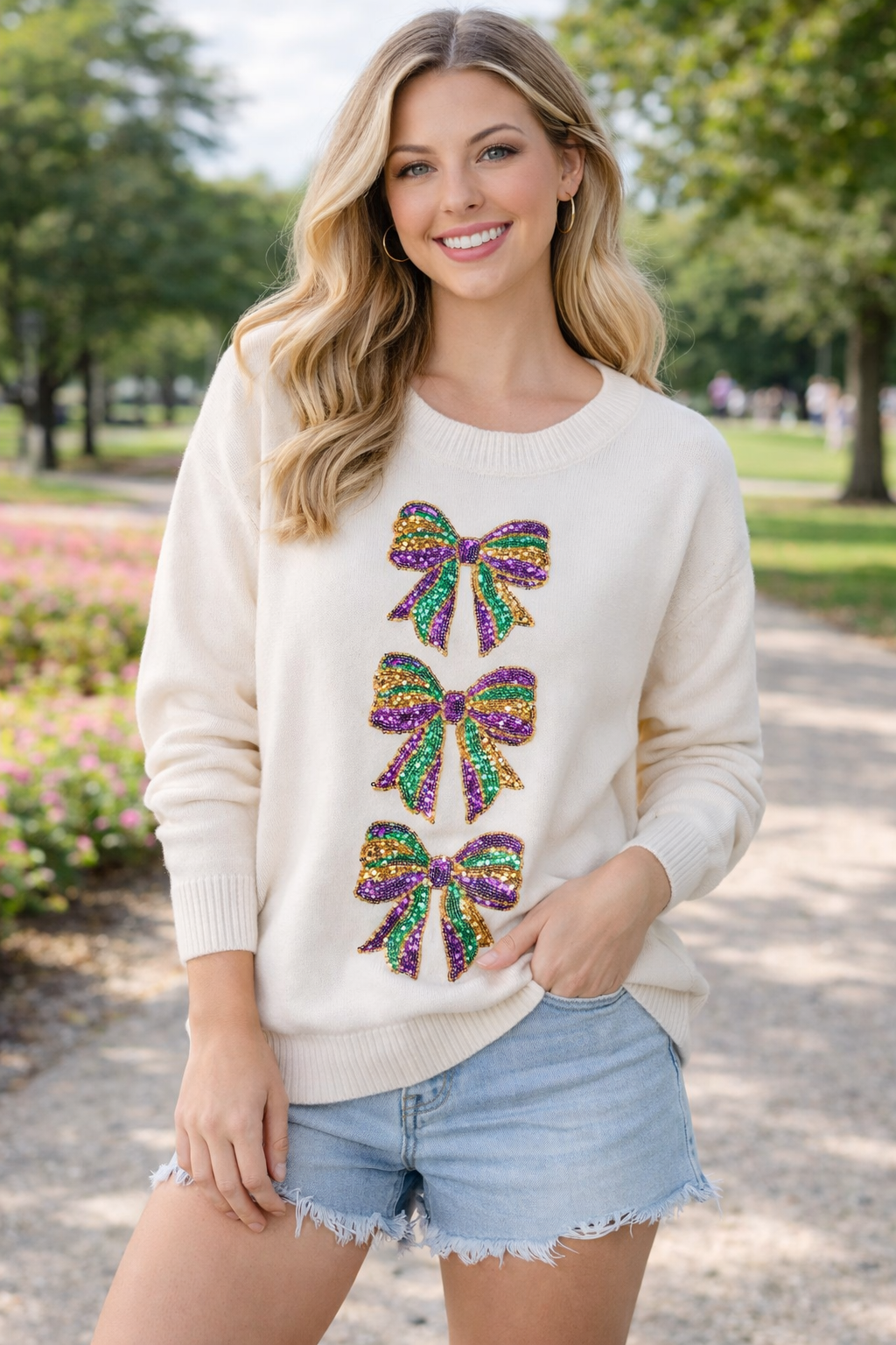 sequined mardi gras sweater women ladies new orleans purple green gold