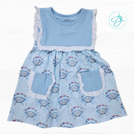 Blue Linen Crab Dress for Girls with Blue top