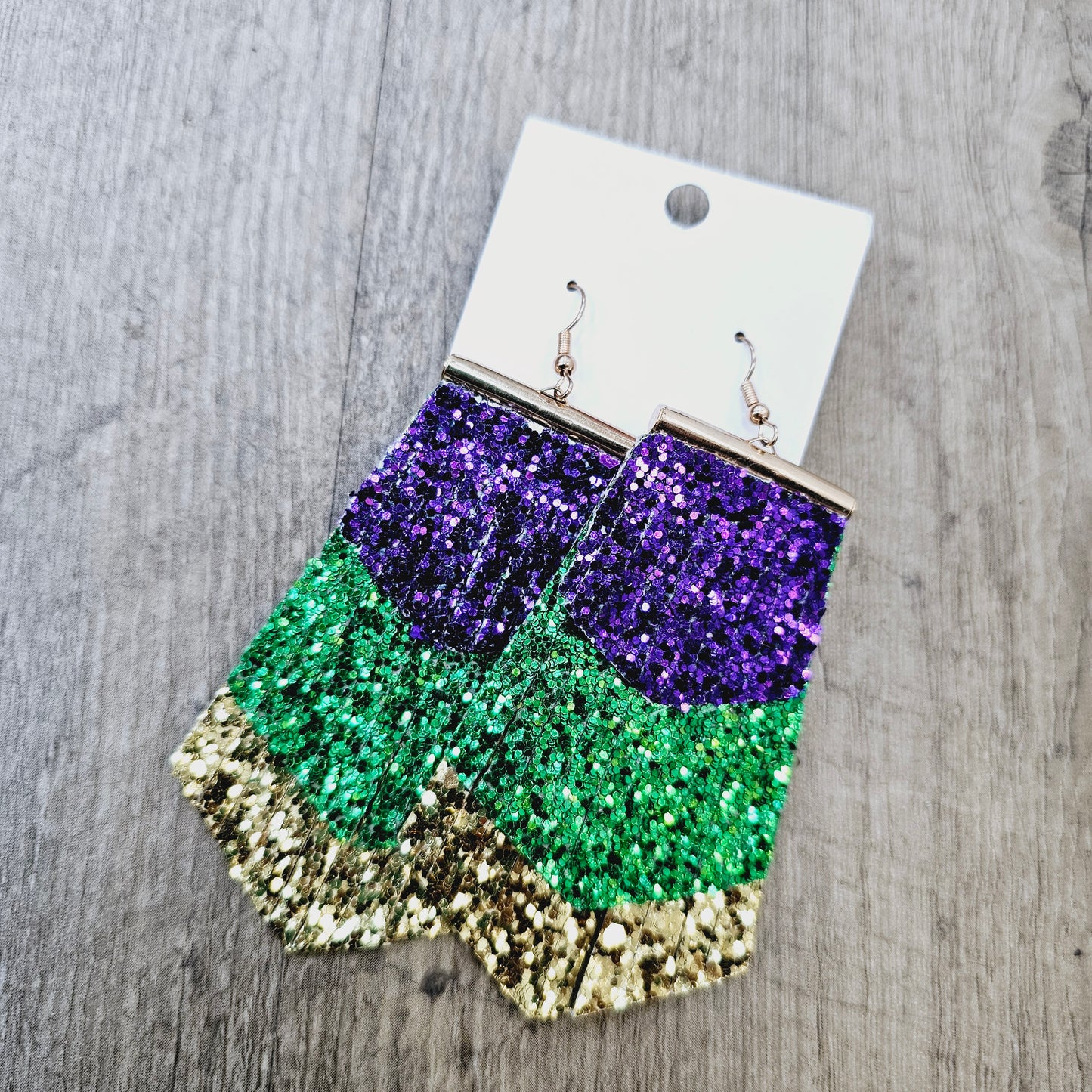 Mardi Gras faux leather glitter fringe earrings